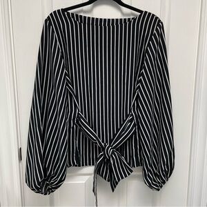 Frank Lyman Design Black & White Striped Blouse Tie Front/Back Pouffy Sleeve 12